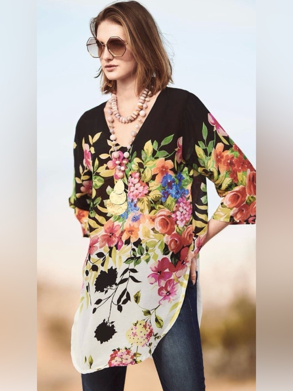 Johnny Was Betty Blouse Colorful Floral Size Small Tunic Black White Pink